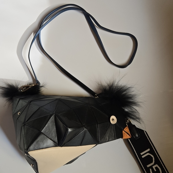 Purificacion Garcia Origami Handbag Crossbody Purse Pengui Penguin Black Leather - Picture 5 of 15